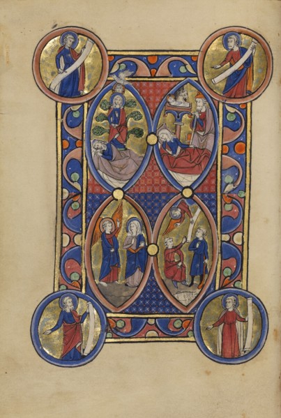 The Tree of Jesse; The Annunciation; The Nativity; The Annunciation to the Shepherds, about 1250-60. Creator: Unknown.