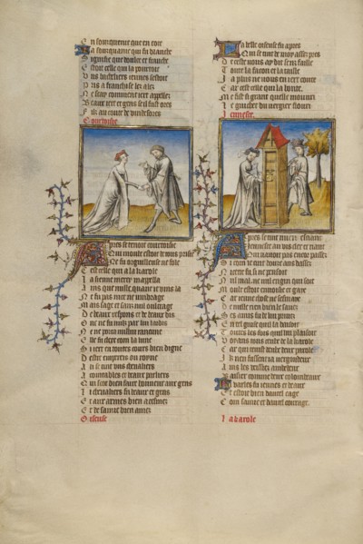 Courtesy with a Knight; Idleness Opening the Door for the Lover; Roman de la Rose, about 1405. Creator: Unknown.