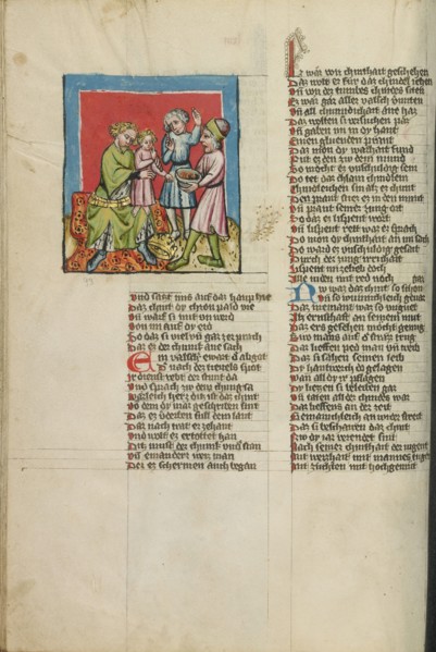Moses and Pharaoh's Crown; Moses Eating the Burning Coals; Weltchronik, about 1400-1410. Creator: Unknown.