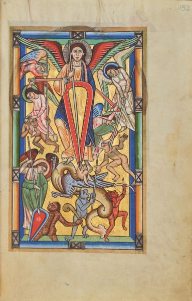 Saint Michael Battling the Dragon; Stammheim Missal, probably 1170s. Creator: Unknown.