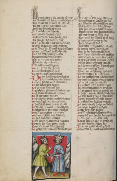 Ehud Killing Eglon; Weltchronik, about 1400-1410. Creator: Unknown.