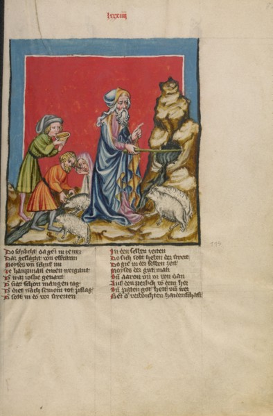 Moses Striking Water from the Rock; Weltchronik, about 1400-1410. Creator: Unknown.