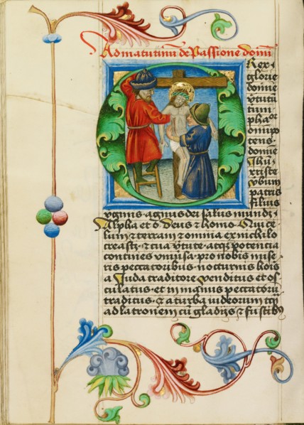 Initial O: The Deposition; Prayer Book, about 1470-1480. Creator: Workshop of Valentine Noh.
