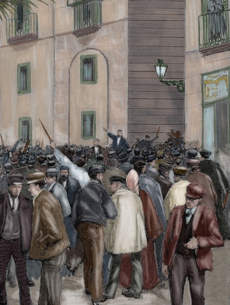 Workers' demonstration outside the Captaincy General, Barcelona, Spain, 1890. Creator: Rico.