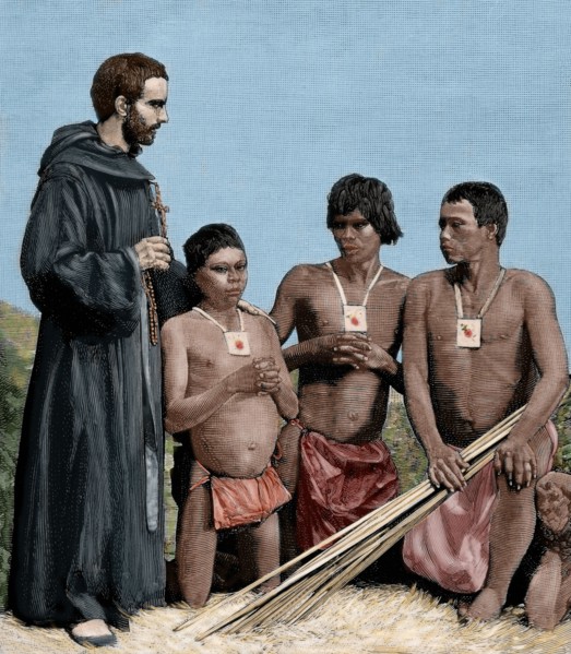 Augustinian Recollect friar converting Guahibo Indians, Spanish Mission, Colombia, 1887.  Creator: Unknown.