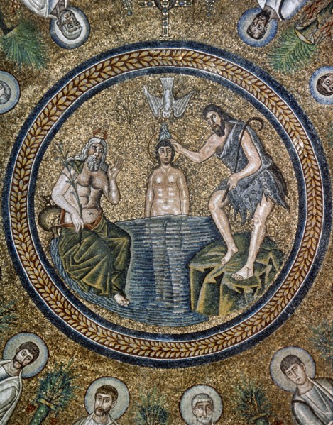 Baptism of Jesus by Saint John the Baptist, Arian Baptistry, Ravenna, 6th century.  Creator: Unknown.