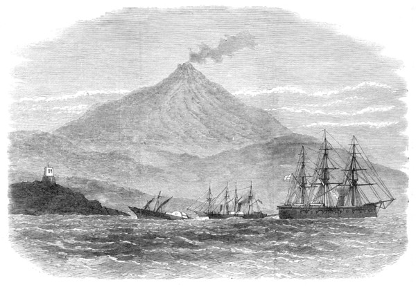 H.M.S. Caledonia and two steamers attempting to tow H.M.S. Psyche...,Sicily, 1871. Creator: Unknown.
