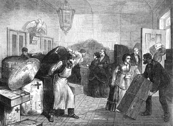 Dispatching packages from the Prussian Embassy for the German sick and wounded, 1871. Creator: Unknown.