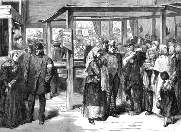 Municipal canteen at the corner of the Boulevard Poissonnière, Paris (sketch by balloon post), 1871. Creator: Unknown.