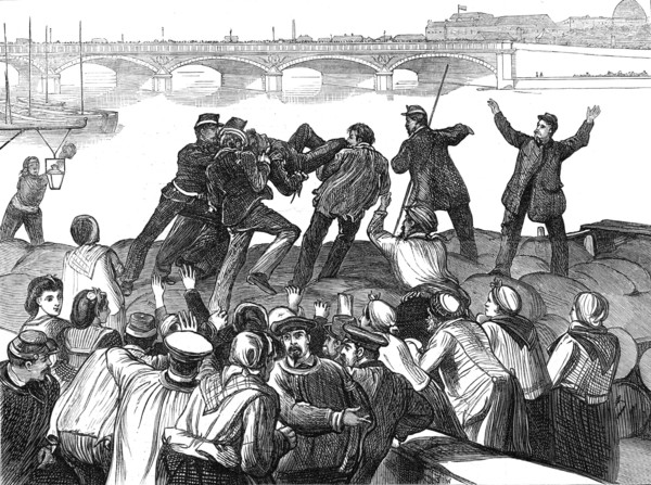 Mob of Paris rioters drowning a police agent, 1871. Creator: Unknown.