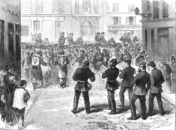The Germans in Paris: the line of demarcation, French and Prussian sentries, rue du Colisée, 1871. Creator: Unknown.