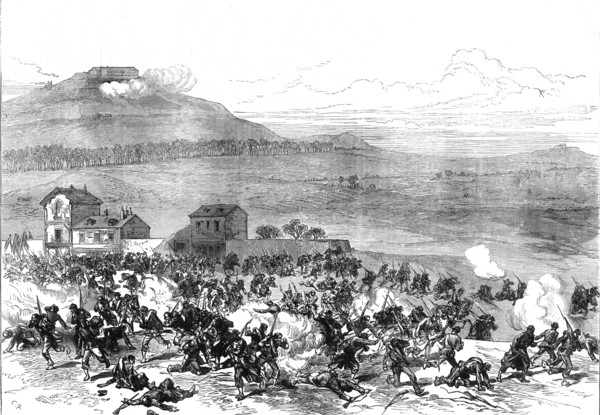The Civil War in Paris: rout of the Communists at Nanterre by the fire of Mont Valérien, 1871. Creator: C. R..