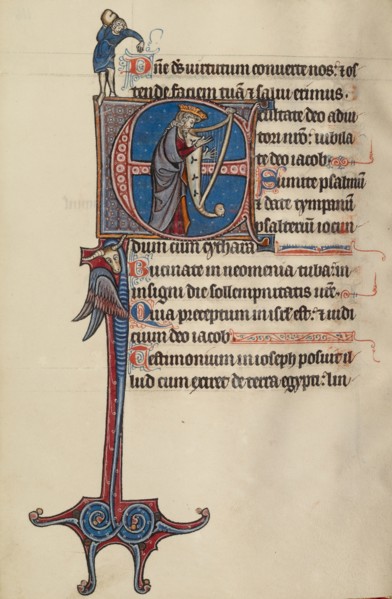 Initial E: David Playing the Harp and a Man Heaving a Rock, text and illumination about 1285. Creator: Bute Master.