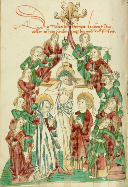 The Crucifixion with the Seven Wise and Seven Foolish Virgins, 1469. Creator: Unknown.