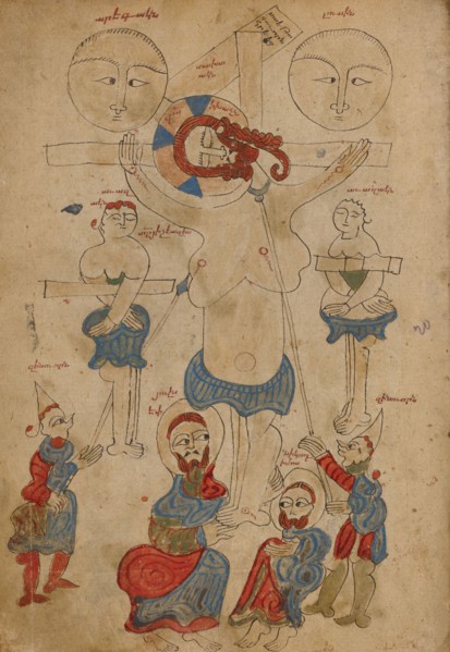 The Crucifixion and The Deposition; Gospel Book, 1386. Creator: Unknown.