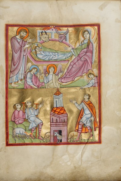 The Nativity and The Annunciation to the Shepherds; Benedictional, about 1030-1040. Creator: Unknown.
