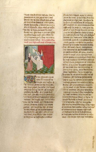 Aseneth Offering Bread, Wine, and Honey to an Angel; Miroir Historial, about 1475. Creator: Unknown.