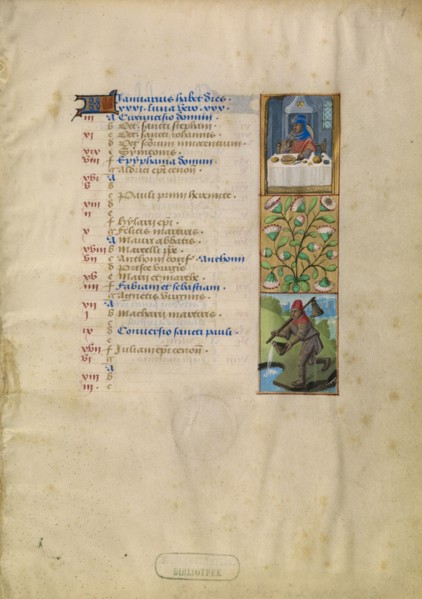 January Calendar Page; Feasting; Aquarius; Katherine Hours, about 1480-1485. Creator: Unknown.