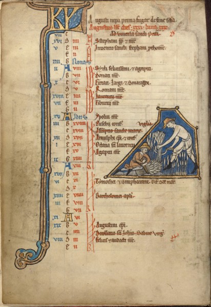 August Calendar Page; Reaping; Psalter, mid-1200s. Creator: Unknown.
