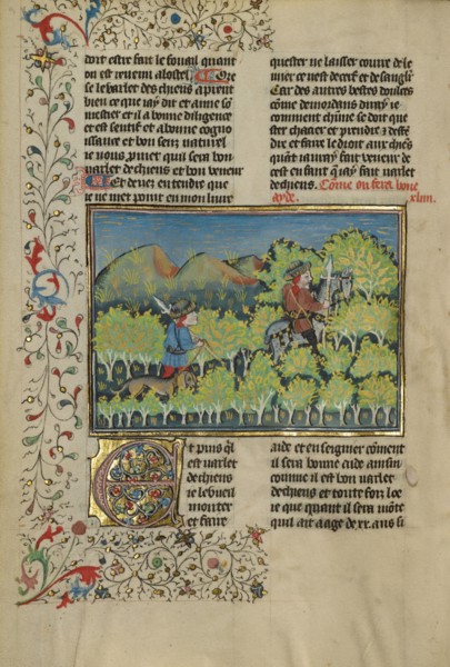 Two Hunters and a Dog; Livre de la Chasse, about 1430-1440. Creator: Unknown.