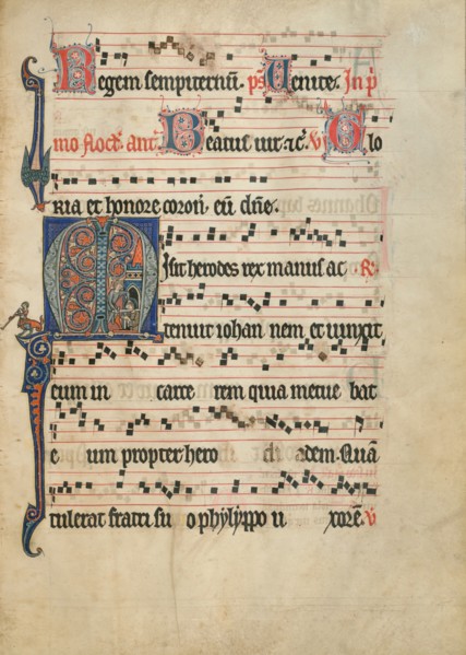 Initial M: The Beheading of Saint John the Baptist; Antiphonal, about 1260-1270. Creator: Unknown.