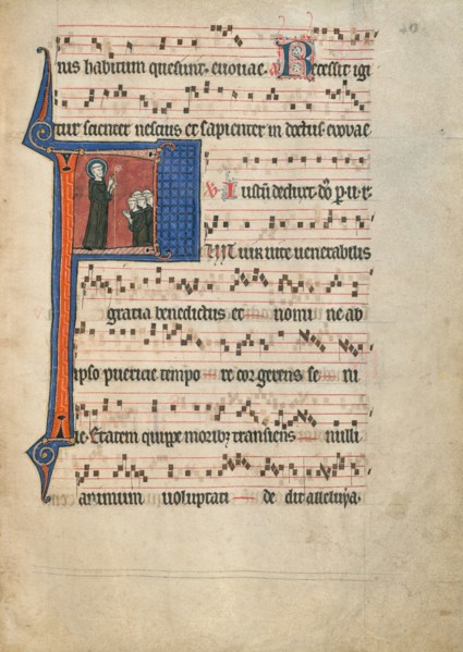 Initial F: Saint Benedict Blessing a Group of Monks; Antiphonal, about 1260-1270. Creator: Unknown.