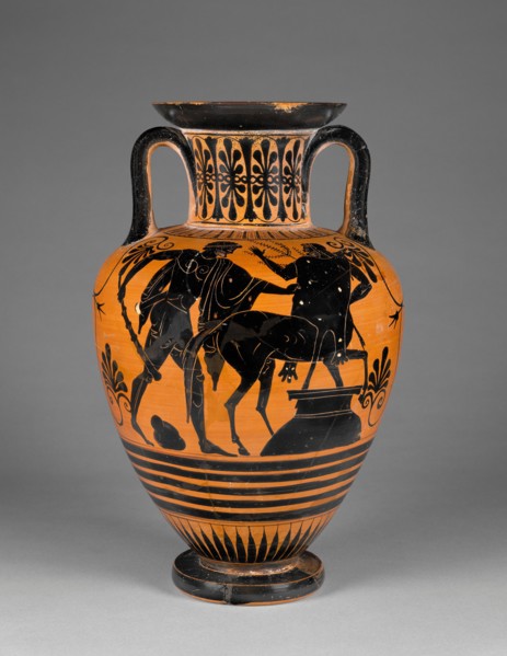 Attic Black-Figure Neck Amphora; Storage Jar with Herakles Threatening..., about 480-470 or 460 B. C Creator: Group of Würzburg 221.