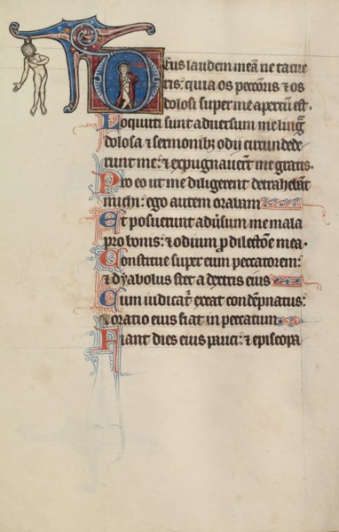 Inital D: A Partially Nude Saint Wrings his Hands; Bute Psalter, text and illumination about 1285. Creator: Bute Master.