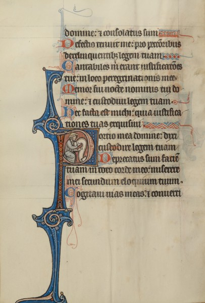 Initial P: A Prophet Holding a Scroll; Bute Psalter, text and illumination about 1285. Creator: Bute Master.