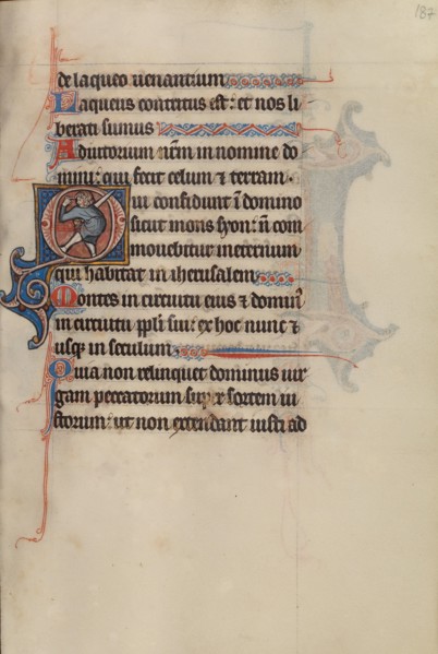 Initial O: A Man Holding a Sword and Pointing to His Eyes; Bute Psalter, about 1285. Creator: Bute Master.