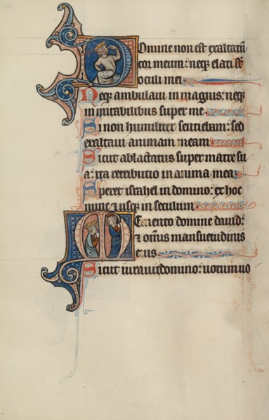 Initial D: A Seated King Pointing to His Eyes: Initial M: David Kneeling Before Christ, about 1285. Creator: Bute Master.
