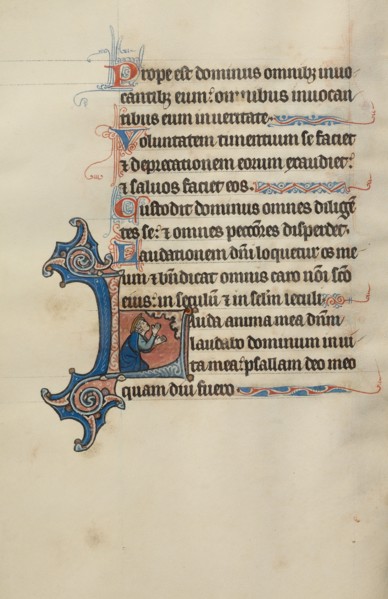 Initial L: A Kneeling King Raising His Hands to Heaven; Bute Psalter, about 1285. Creator: Bute Master.