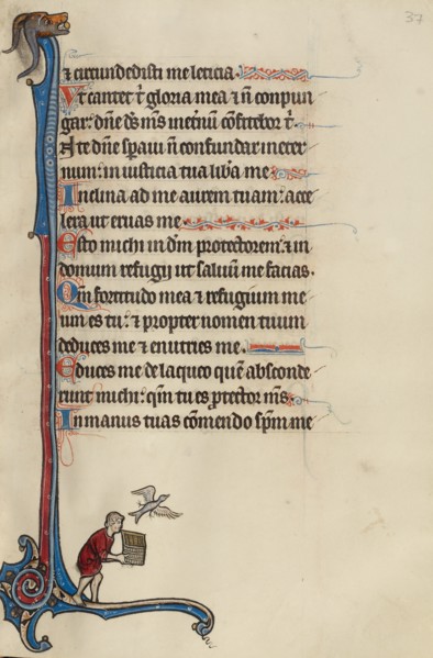 Initial I: A Bird Escaping from a Man's Basket; Bute Psalter, text and illumination about 1285. Creator: Bute Master.