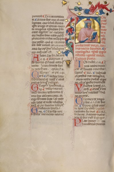 Initial T: Bust Portrait of a Bearded Man; Compendium moralium notabilium, early 15th century. Creator: Cristoforo Cortese.
