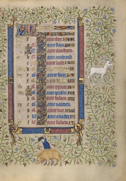 Calendar Page for December: Slaughtering Pigs: Capricorn; Book of Hours, about 1410. Creator: Unknown.