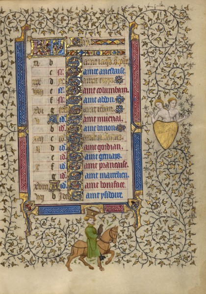 Calendar Page for May: Hawking: Gemini; Book of Hours, about 1410. Creator: Unknown.