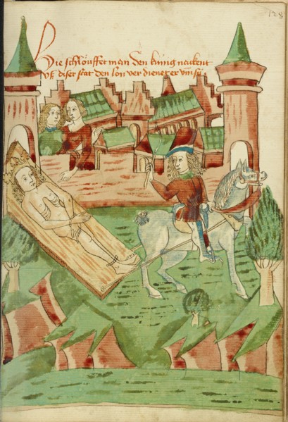 A Naked King, tied to a board, is dragged from the city; Barlaam und Josaphat, 1469. Creators: Hans Schilling, Diebolt Lauber.
