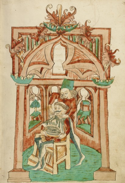 The Hermit Being Shaved; Barlaam und Josaphat, 1469. Creators: Hans Schilling, Diebolt Lauber.