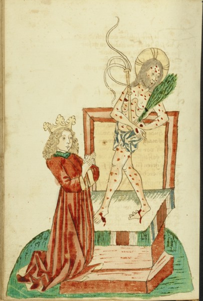 Josaphat Praying before the Man of Sorrows; Barlaam und Josaphat, 1469. Creators: Hans Schilling, Diebolt Lauber.