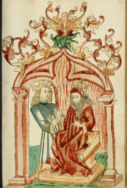 Josaphat and King Avenir in Conversation; Barlaam und Josaphat, 1469. Creators: Hans Schilling, Diebolt Lauber.