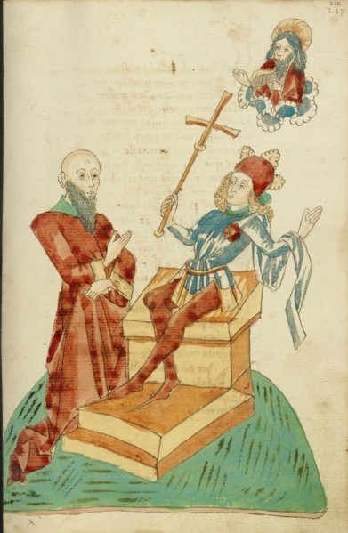 A Pagan Scholar before Josaphat, who Gestures to God the Father in Heaven, 1469. Creators: Hans Schilling, Diebolt Lauber.
