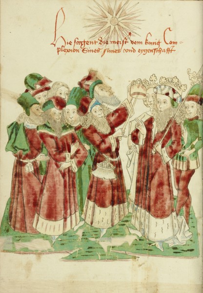 The Royal Couple with Astrologists; Barlaam und Josaphat, 1469. Creators: Hans Schilling, Diebolt Lauber.