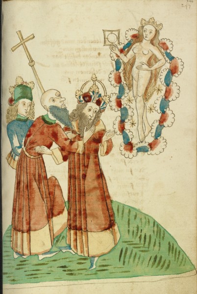 King Avenir, Josaphat, and a Pagan Scholar Behold the Personification of Venus, 1469. Creators: Hans Schilling, Diebolt Lauber.