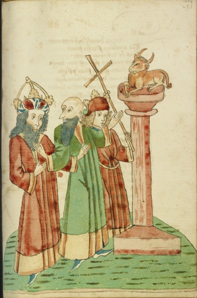 King Avenir, Josaphat, and Nachor Behold the Golden Calf; Barlaam und Josaphat, 1469. Creators: Hans Schilling, Diebolt Lauber.