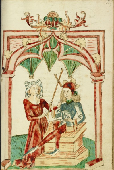 A Woman Touches the Hair of the Enthroned Josaphat; Barlaam und Josaphat, 1469. Creators: Hans Schilling, Diebolt Lauber.