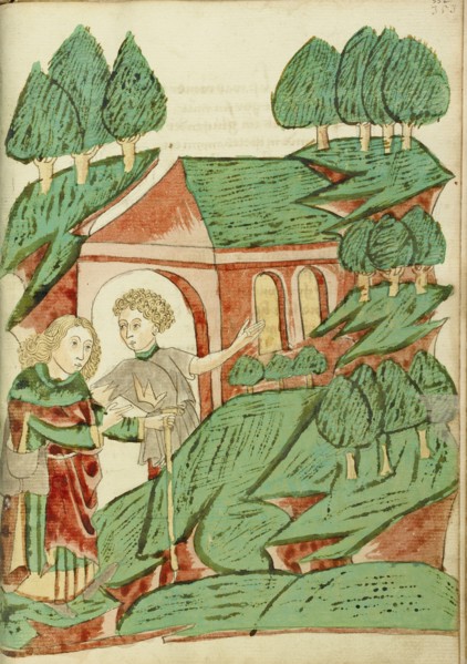 Josaphat meets a Hermit; Barlaam und Josaphat, 1469. Creators: Hans Schilling, Diebolt Lauber.