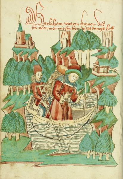 Barlaam, Carrying a Shoulder Pack, Crosses a River; Barlaam und Josaphat, 1469. Creators: Hans Schilling, Diebolt Lauber.