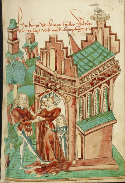 The King's Brother Welcomed by his (own) Wife and Daughter; Barlaam und Josaphat, 1469. Creators: Hans Schilling, Diebolt Lauber.