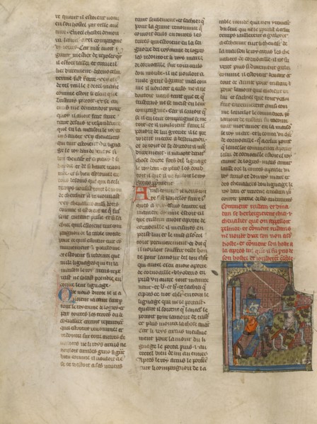 Tristan and Pelinor Departing on Horseback, about 1320-1340. Creator: Jeanne de Montbaston.