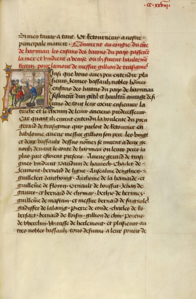 Initial A: Gillion and His Son Gerard Preparing to Set Sail for the East, 1464. Creators: Lieven van Lathem, David Aubert.